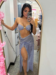 JazzHer Striped bikini 3 Piece Women Bandeau Beach Dress Starfish Bathing Suit with Swim Coverup Skirt Drawstring Pleated Beachwear S193