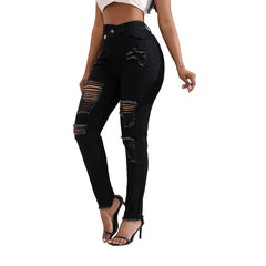 JazzHer Women Jeans High Waist Pencil Pants Holes Denim Slim Fit Pockets Sexy Streetwear Solid Sheath Distressed Ankle Length 2024