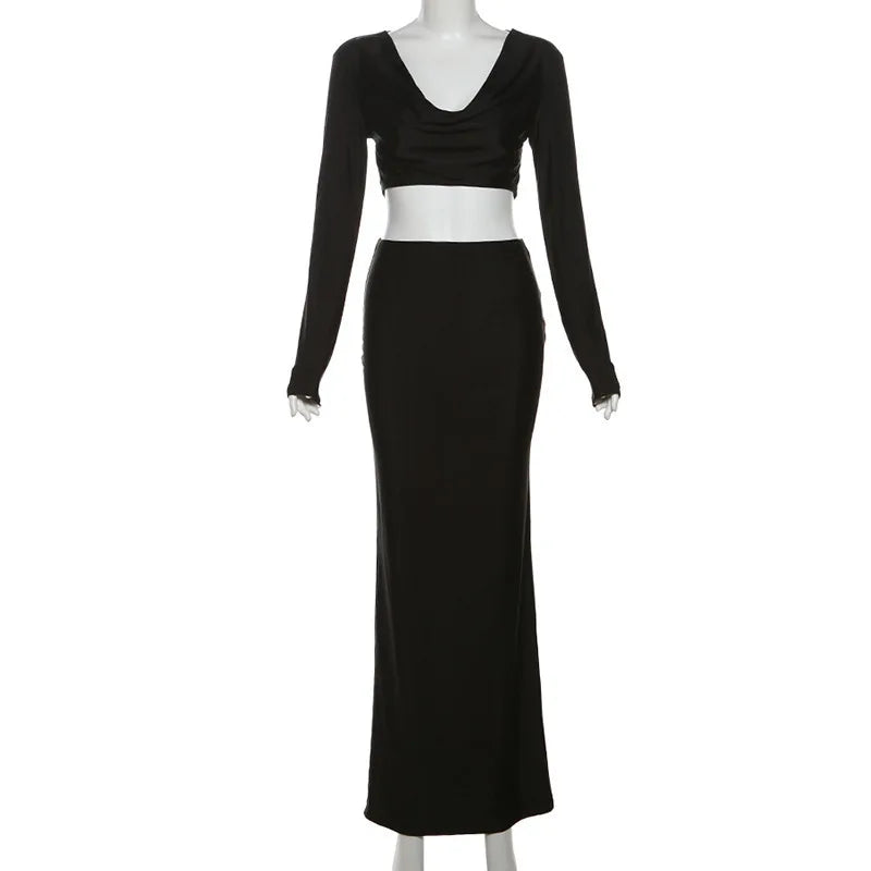 JazzHer Black Pile Collar Sexy Two Piece Set Backless Long Sleeve Top Long Skirt  Women Set Elegant Autumn 2 Piece Set Women