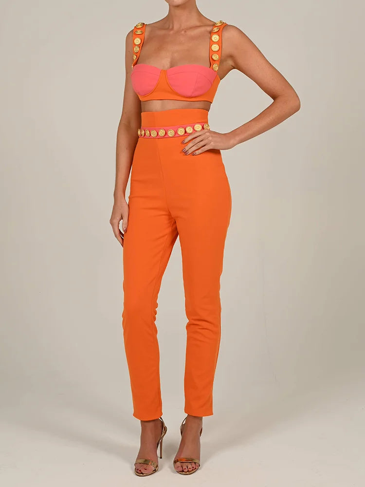 JazzHer Elegant Two Piece Set Women Outfits Summer Sleeveless Crop Top And Pants Matching Sets Female Sexy Party Club pants Set