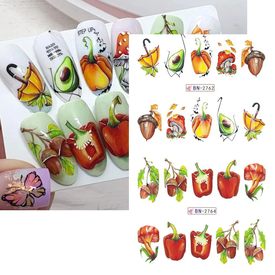 JazzHer 12pcs Autumn Ladybug Nail Water Decals Halloween Pumpkin Adhesive Nail Supplies Manicure Stickers Sliders For Nails Decoration