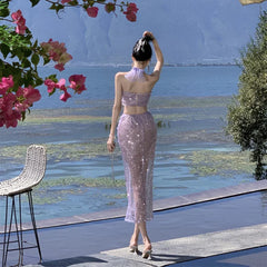 JazzHer-2024 New Summer Purple Sequin Set for Women Sexy Split Half-body Dress Beach Holiday Casual Elegant 2 Pieces Female Clothing