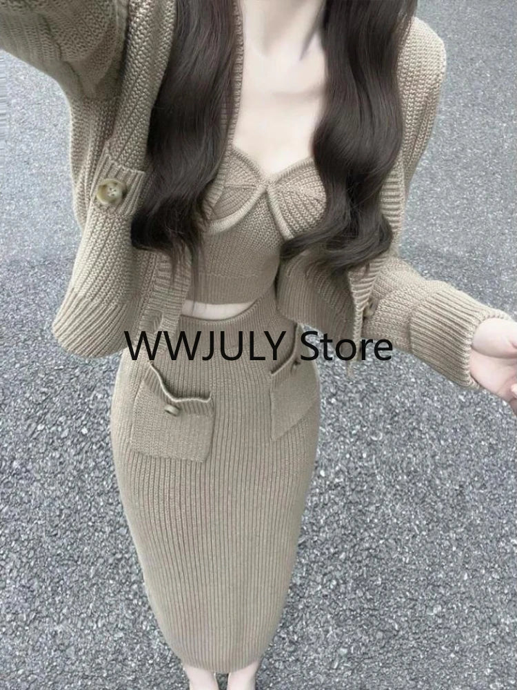 JazzHer 2024 Fall Fashion Elegant Knitted 3 Piece Set Woman Fashion Suit Casual Sweater Cardigan + Sexy Vest + Slim Bodycon Midi Skirt Office Lady 2024