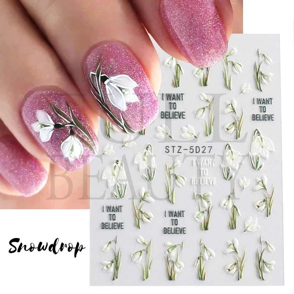 JazzHer 5D Snowdrop Embossed Nail Polish Stickers Summer Tulip Campanula Flowers Charms Decal Textured Manicure Acrylic Wraps LYSTZ-5D27