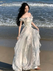JazzHer French Vintage Bohemian Beige Print Ruffles Slip Long Dresses Summer Elegant Lady Off Shoulder Party Evening Dress Vestidos Robe