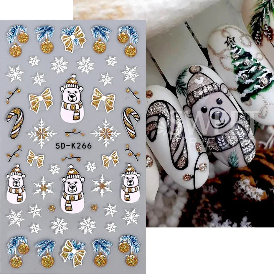 JazzHer Christmas Nail Sticker 5D Gold Glitter Snowflake Elk Penguin Bells Design Adhesive Nail Slider Decals Winter Manicure Decoration