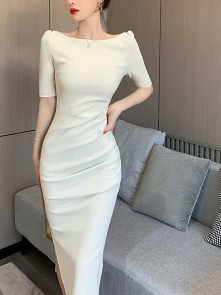 JazzHer 2024 Summer New Elegant Midi Party Dress For Women Office Lady Solid One Piece Slim Bodycon Clothing Femme Fashion Vestidos