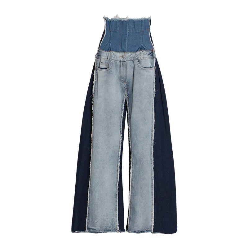 JazzHer Full Length High Waist Flare Pants Denim Women Jeans Spliced Loose Washed Pockets Distressed Loose Fit Vintage Punk Style