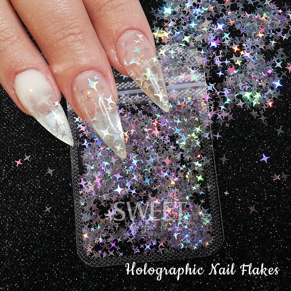 JazzHer Holographic Star Four-pointed Star Nail Paillettes Sparkly Laser Design Sequin Charm Glitter Flake Shinning Manicure Decor Slice