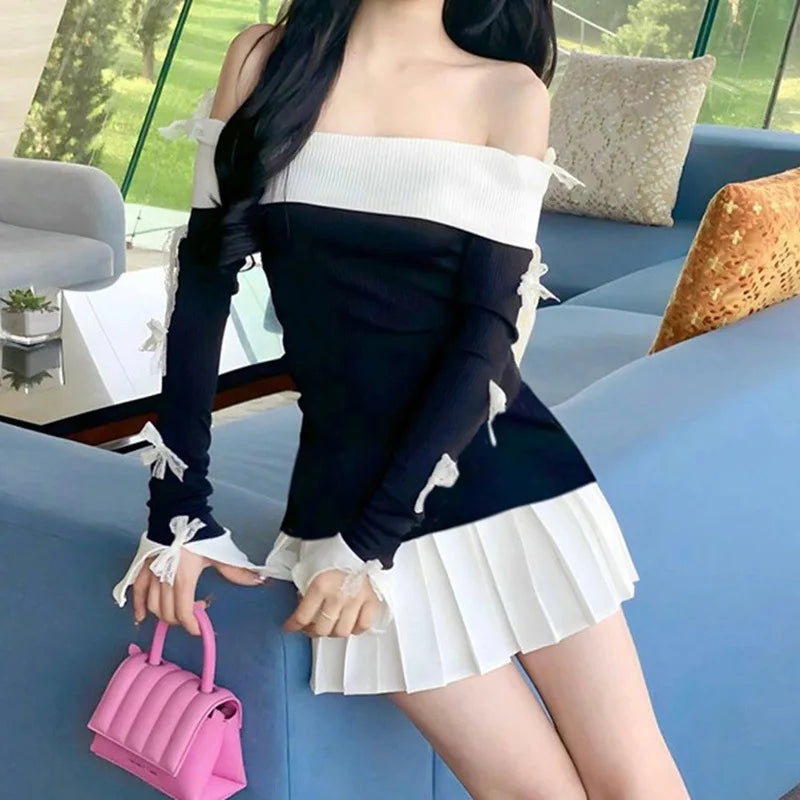 JazzHer Y2K Aesthetic Patchwork Pleated Dress Korean Kawaii Bow Trim Mini Dress Preppy Cute Off Shoulder Long Sleeve Vintage Streetwear