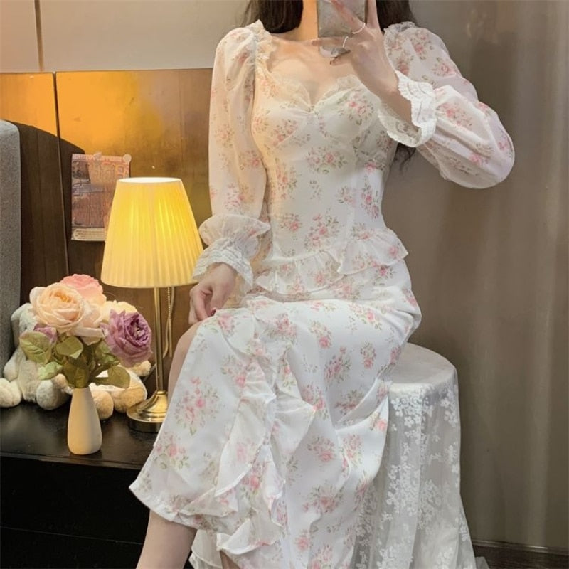 JazzHer   Sexy Elegant One Piece Dress Korea Casual Long Sleeve Floral Midi Dress Woman Beach French Vintage Party Dress Chic  Summer