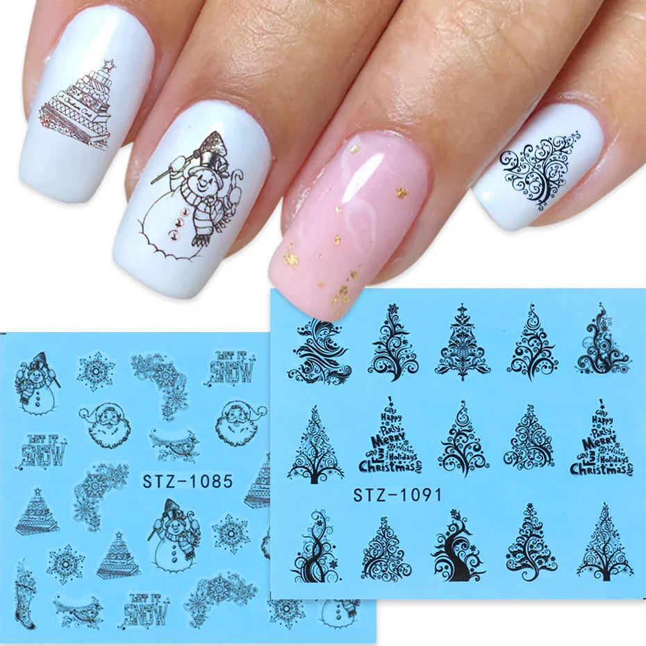 JazzHer Lace Design Water Nail Stickers Christmas Tree Snowman Star Deer Sliders for Nails Manicure Winter Decorations LYSTZ1082-1097