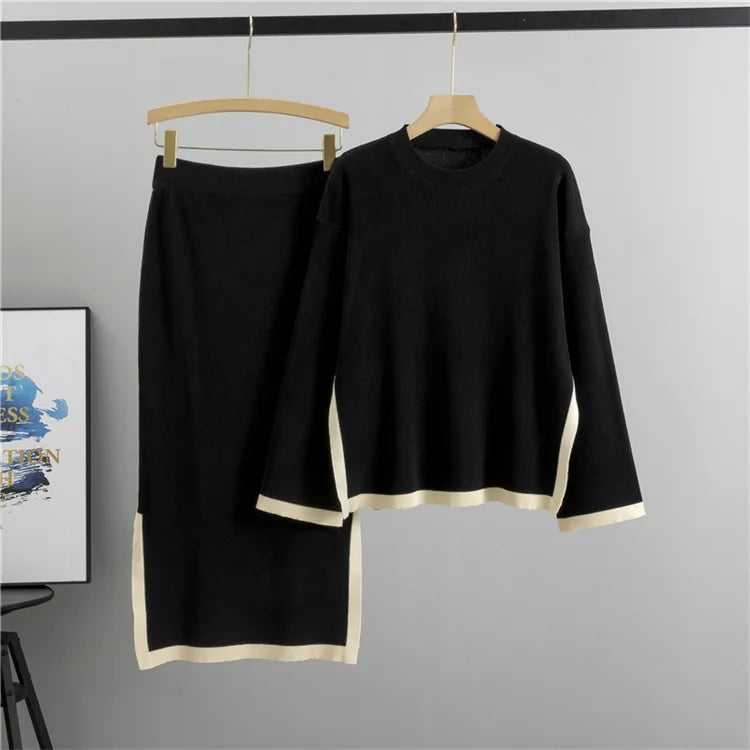 JazzHer Two Piece Sets Knitted Skirt Women Pullover Round Collar Solid Sweater Long Split Skirts Suit 2024 Autumn Casual Knit Outifits