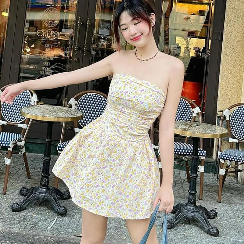 Black Friday JazzHer One-Shoulder Slim Strapless Print Dress For Women High Waisted Sleeveless Backless Fashion Sweet Summer New Ruched Dress