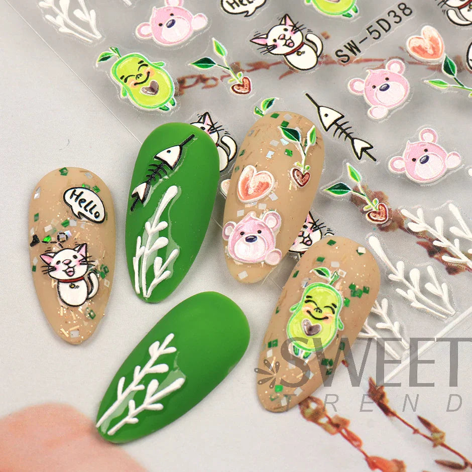 JazzHer 5D Embossed Lovely Panda Nail Stickers Cute Cartoon Sew Bunny Hug Bear Slider For Nails Avocado Manicure Textured Decals LYSW-5D