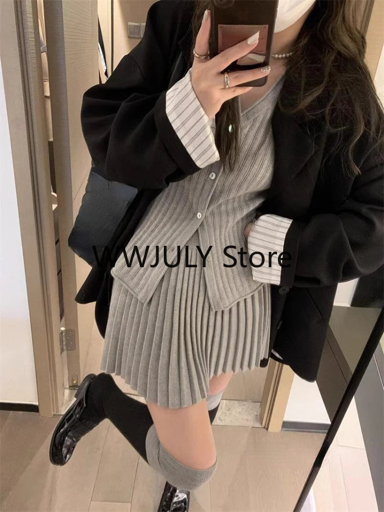 JazzHer 2024 Autumn Grey Knitted Suit for Women Korean Slim Short Cardigan Top High Waist Fashion Skirt Suit Outfit 2 Piece Set Chic