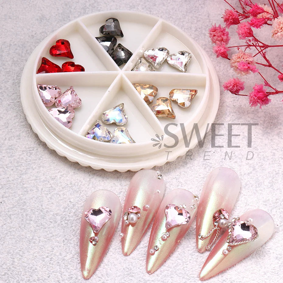 JazzHer Crystal Crooked Love Nail Art Decoration Parts 3D Peach Hearts Rhinestones Gems Design DIY Charm Kawaii Accessory Jewelry Strass