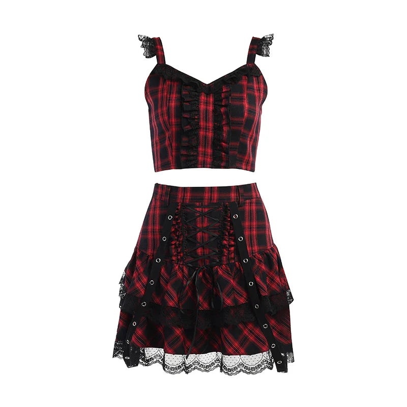 JazzHer Ladies Gothic Directional Design New Two Piece Dark Plaid Suspender Lace Tie Pleated Skirt Set