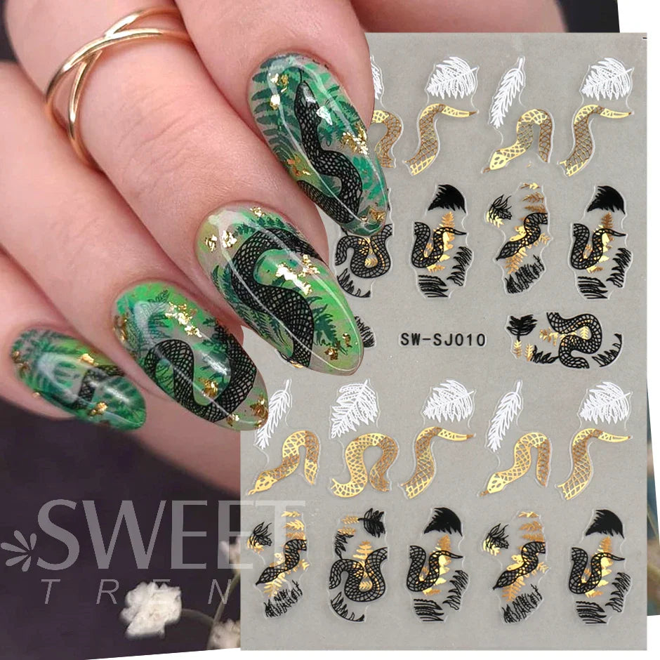 JazzHer Abstract Black Gold Snake Nail Art Stickers 3D Laser Geometry Flowers Leaves Design Decals Holographic Wraps Decoration LYSW-SJ