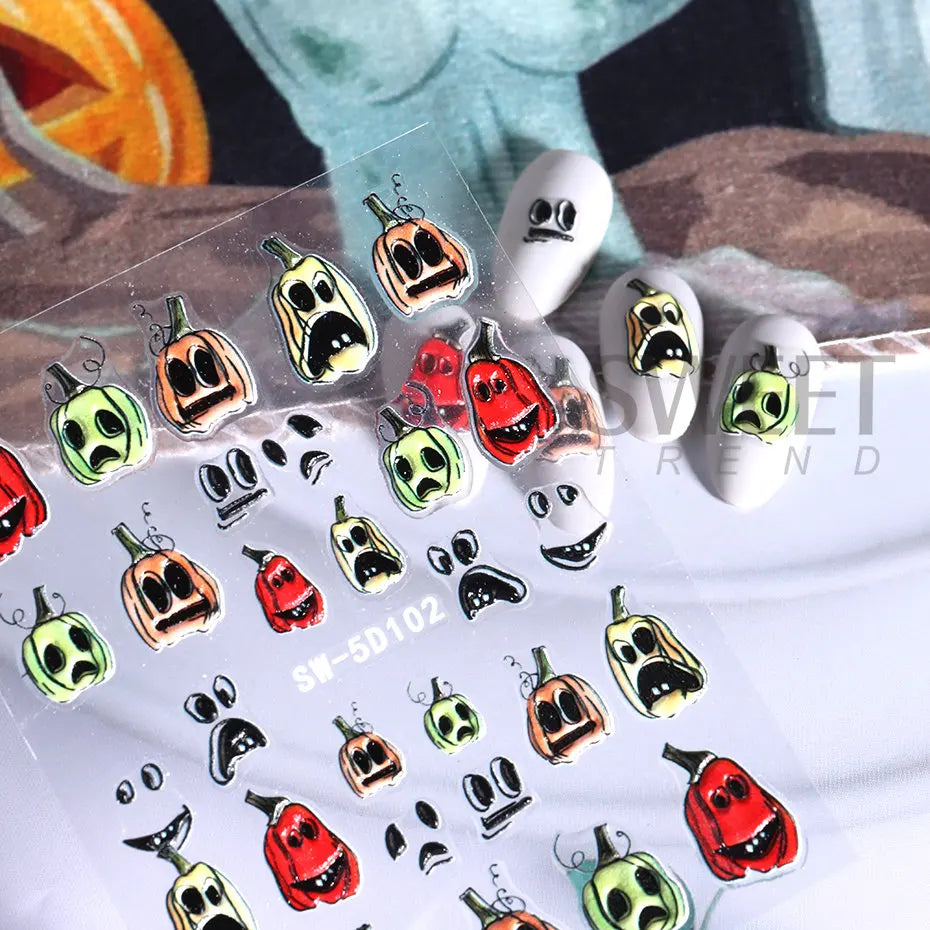 JazzHer 5D Halloween Pumpkin Nail Art Sticker Cute and Fun Cartoon Hand Skull Ghosts Self Adhesive Nail Art Decals Manicure Decoration