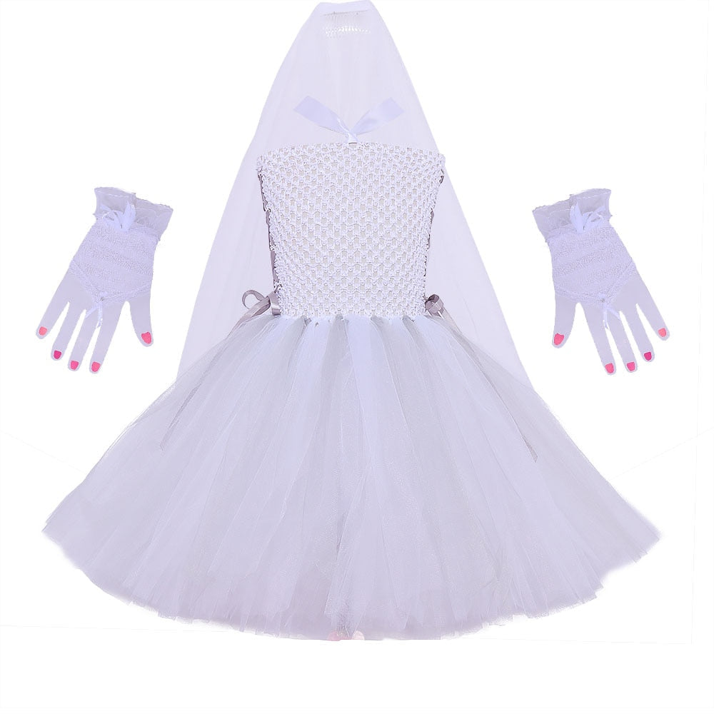 JazzHer Halloween Awakecrm Ghost Bride Girls Halloween Costume Tutu Dress With Gloves Veil Teen Girls Cosplay Costume Fancy Dress Up Kids Party Dresses