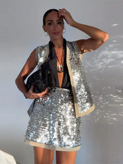 JazzHer Fashion Glitter Sequins Waistcoat Mini Skirt Suit Women Patchwork Sleeveless Loose Vest Sets 2024 Summer Lady Chic Party Outfit