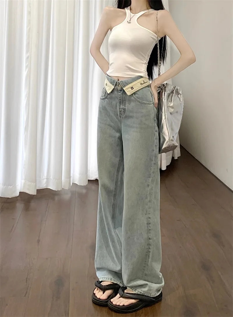 JazzHer Women Jeans Cuffs Wide Leg Pants High Waist Pockets Button Solid Colour Vintage Full Length Straight Trousers Casual Denims