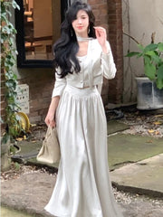 JazzHer Vintage Women Solid Dress Suits Long Sleeve Blazer Short Coat Fashion New Stain Elegant Lady A-line Skirts Korean Female Clothes