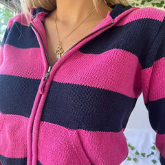 JazzHer 90s Vintage Y2K Aesthetic Striped Cropped Sweater Autumn Zip Up Knitted Cardigans Hooded Women Long Sleeve Slim Fit Coats