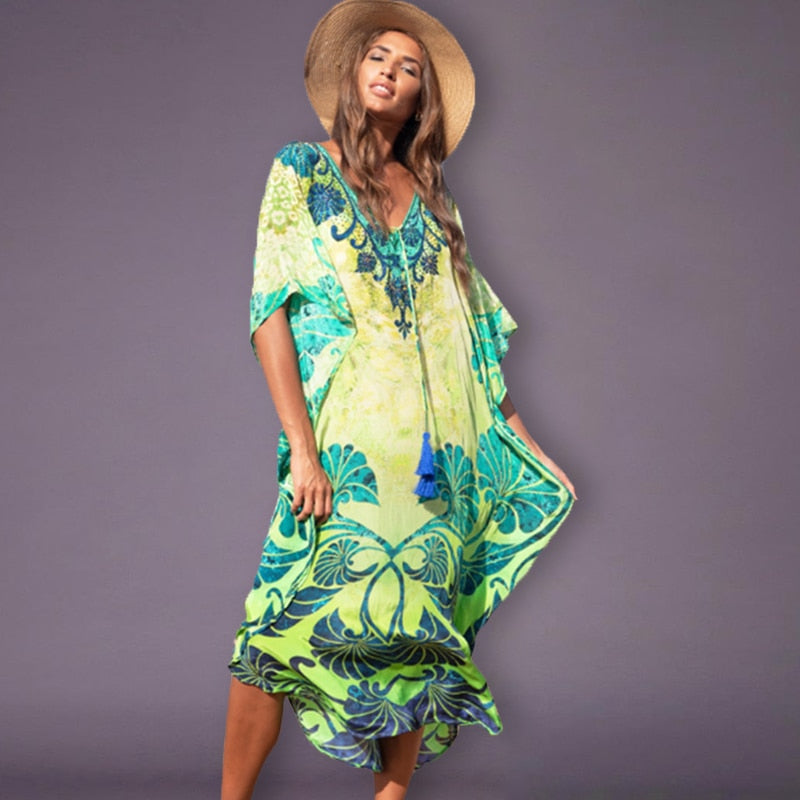 JazzHer 2024 Bohemian Printed Summer Holiday Dress Blue Tunic Women Beach Wear Kaftan V-Neck Bats Sleeve Maxi Dress Robe Q956