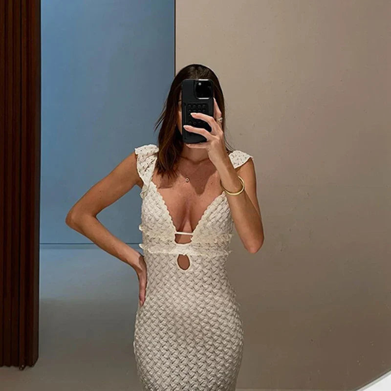 JazzHer Femme Holiday Knitted Beach Dress Lady Deep V Neck Sexy Maxi Dresses Women Backless See Through High Waist Long Cover Up Dress