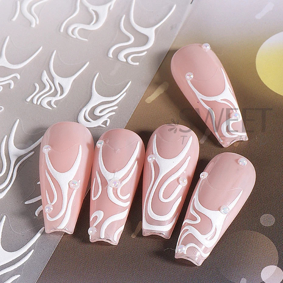 JazzHer French Abstract Lines Nail Art Stickers 3D White Swirls Lines Self-Adhesive Sliders Nail Decals Halloween Manicure Decorations