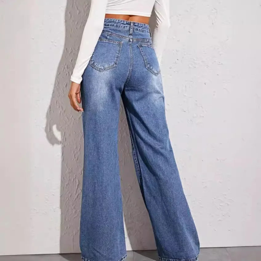 JazzHer Women High Waist Jean Wide Leg Denim Pants Vintage Ankle Length Jeans Spliced Pockets Washed Zipper Fly Basics Loose Fit