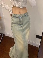 JazzHer-Old Washing Long Denim Skirt Women Vintage Streetwear High Waist Split Korean Fashion Maxi Jean Skirt Spring Casual