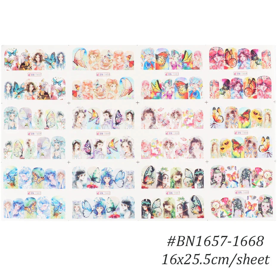 JazzHer 12 Designs Charm Anime Girl Nail Water Decals Goddess Winter Sticker Butterfly Fairy Sliders Manicure Accessories LYBN1657-1668