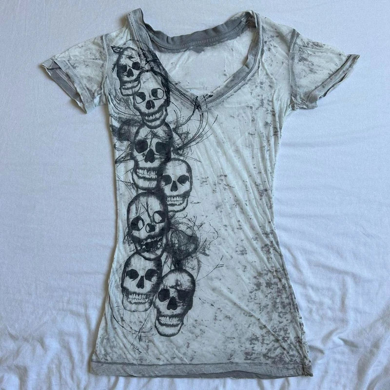 JazzHer E-girl Gothic Grunge Skull Print Tshirt 2000s Retro Emo Short Sleeve Slim Fit Tees Graphic Tie Dye V Neck Crop Tops Y2K Clothes