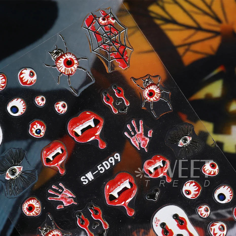 JazzHer 5D Acrylic Bloodshot Lip Eyes Nail Embossed Stickers Evil Eye Sexy Belt Decal Spooky Spider Halloween Charm Manicure Decor Wraps