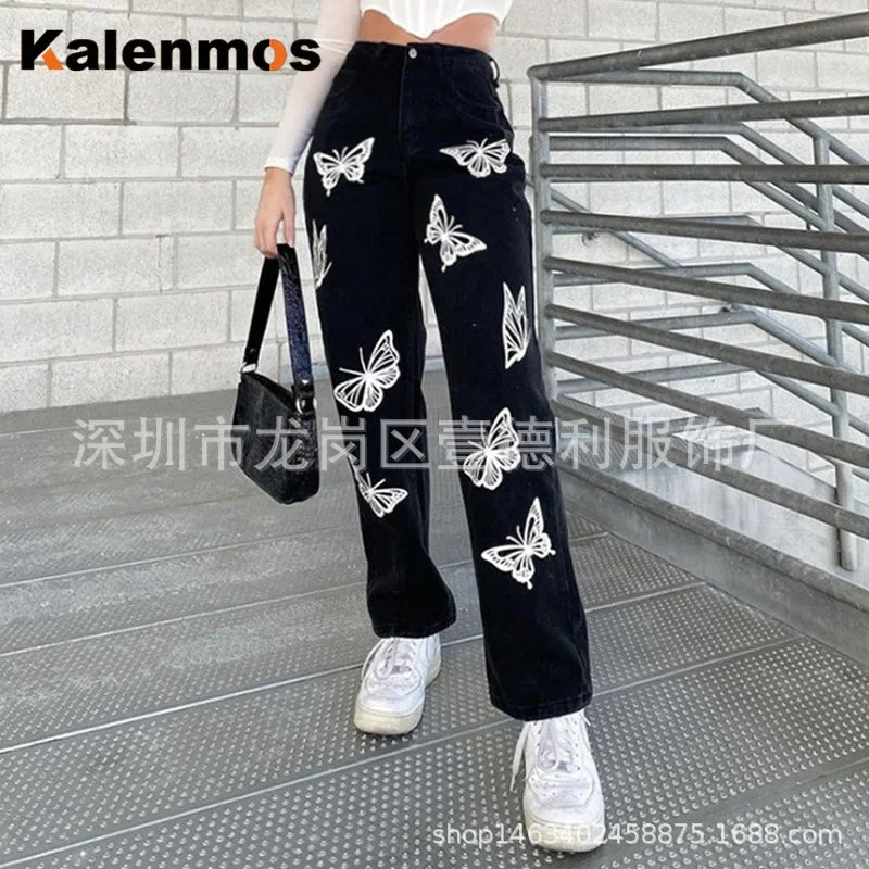 JazzHer Jeans Women Denim Pants Mid Waist Straight Pants Pockets Loose Fit Casual Trousers 2024 Ankle Length Print Vintage Spliced