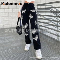 JazzHer Jeans Women Denim Pants Mid Waist Straight Pants Pockets Loose Fit Casual Trousers 2024 Ankle Length Print Vintage Spliced