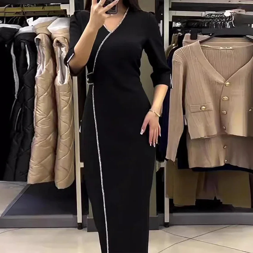 JazzHer Dress Women Black Party Long Dresses Diamond V Neck Full Sleeve Split Elegant Splice Hot Drilling Vestidos Night 2024 Spring