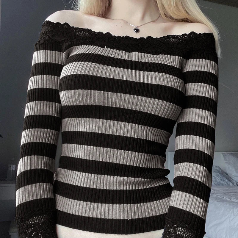 JazzHer 2024 Fall Fashion Vintage Y2K Striped Lace Sweater T-shirt Coquette Grunge Slim Fit Long Sleeve Tees Retro Cottage Kawaii Off Shoulder Crop Tops