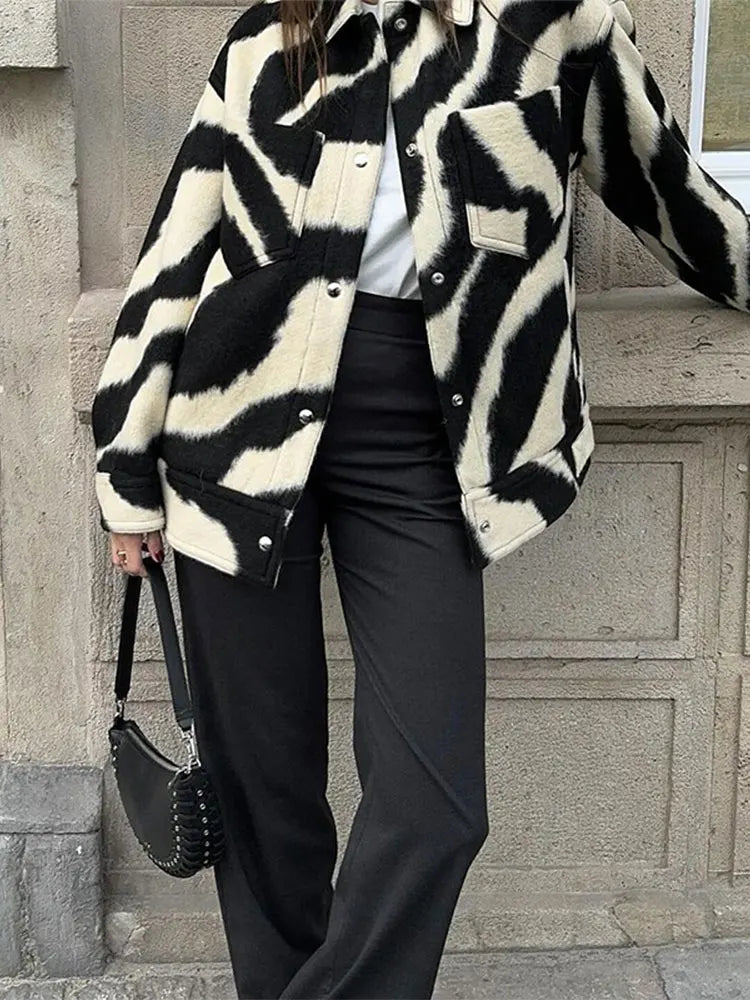 JazzHer Women Fashion Blocking Zebra Print Jacket Chic Lapel Snap Button Long Sleeves Loose Coat 2024 Autumn Female Warm Streetwear