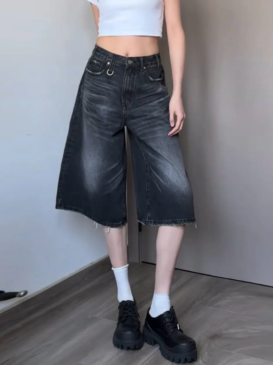 JazzHer Bleached Women Jean Calf Length Denim Washed Pants Pockets Loose Fit Distressed Jeans Streetwear Vintage High Waist 2024