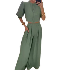 JazzHer Women Two Piece Pant Sets Solid Wide Leg Pants High Waist Half Sleeve Button Splice Tops Casual Loose Elegant Summer 2024