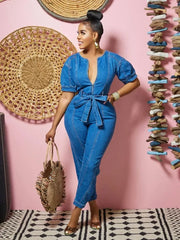 JazzHer Sexy Denim Jumpsuit for Women Lace-up Pencil Pant Jeans Short Sleeve Sashes Long Rompers Playsuits One Piece Overalls Outfits