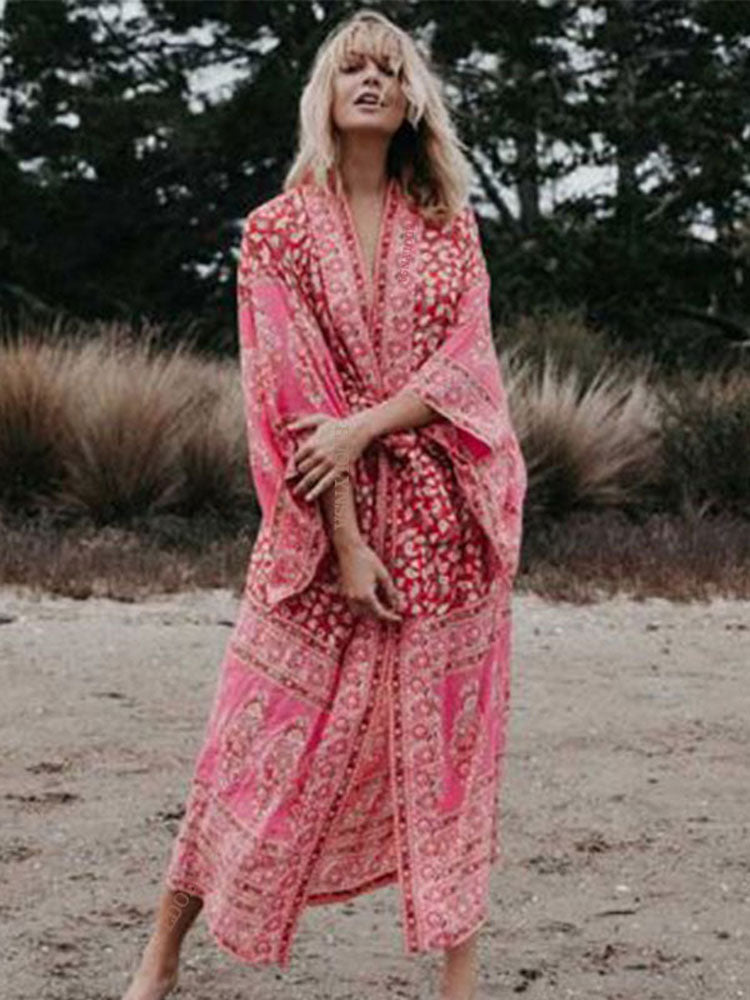 JazzHer Bohemian Tropical Printed Reddish Orange Ankle Length Beach Wear Kimono Dress Fashion Women Swimwear Chiffon Tunic Pareos Q590