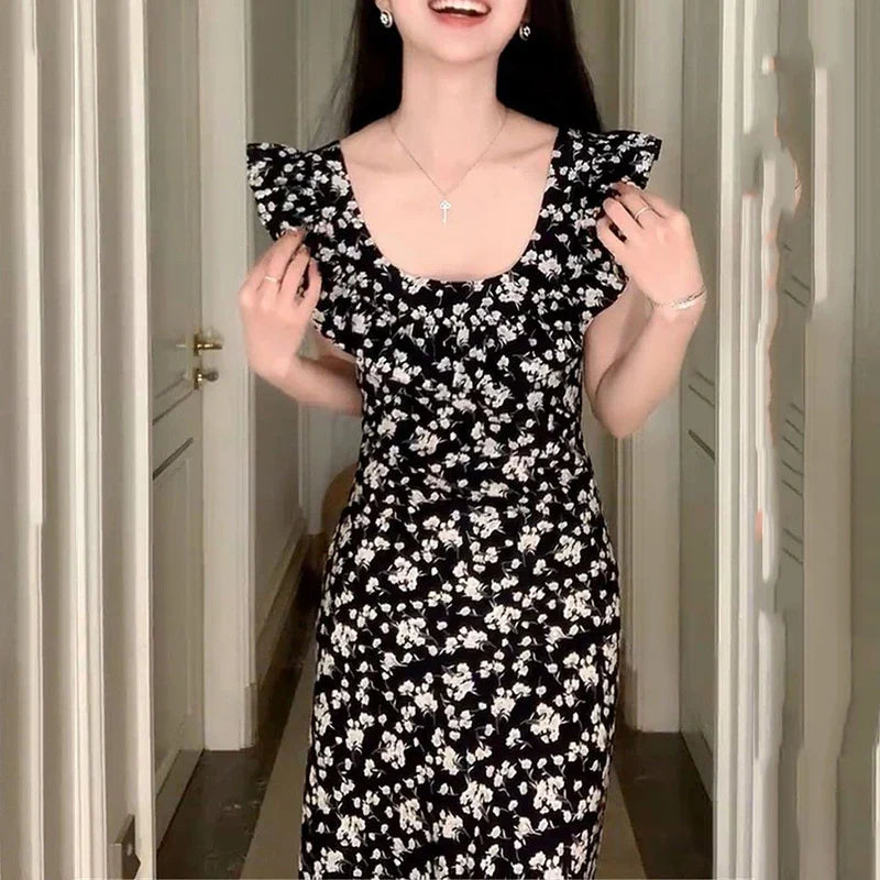 JazzHer Korean Style Hot Girl Floral Kawaii Dress Elegant Tighten The Waist 2024 Spring Summer New Dress Vintage Women Lovely Dress