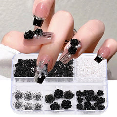 JazzHer 6 Grids Nail Charms Black Rose Camellia Decoration Mixed Acrylic Flower Pearl Jewelry DIY Winter Accessory Parts supplies LYS59