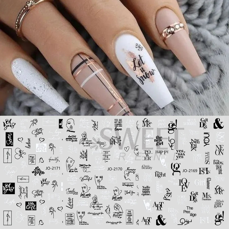 JazzHer ABC Word Black Letters Nail Sticker for 3D Nails Art Decorations Design Sliders Abstract Face Decals Foil Manicure Accessories