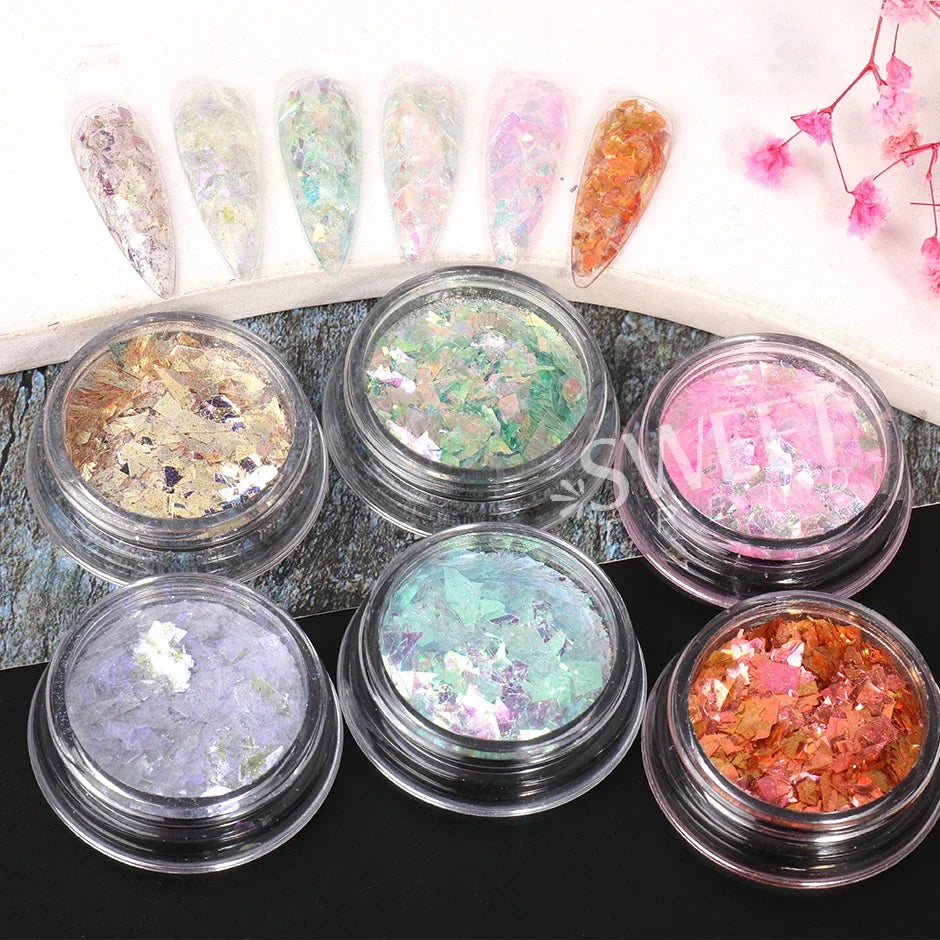 JazzHer Crystal Aurora Nail Glitter Flakes Irregular Mermaid Fire Opal Sequins Spring Iridescent Paillettes Sparkle Manicure Decor LYMH